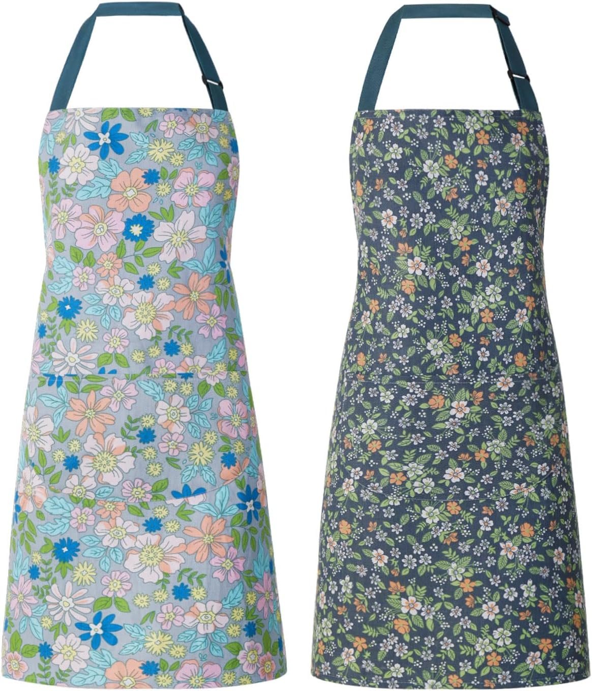 2 Pack Floral Apron for Women with Pockets, Adjustable Cotton Chef Aprons for Kitchen, Cooking, BBQ & Grill