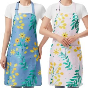 2 Pack Floral Aprons with Pocket, Blooming Womens Aprons Waterproof Adjustable Cooking Aprons for Kitchen Gardening and Salon