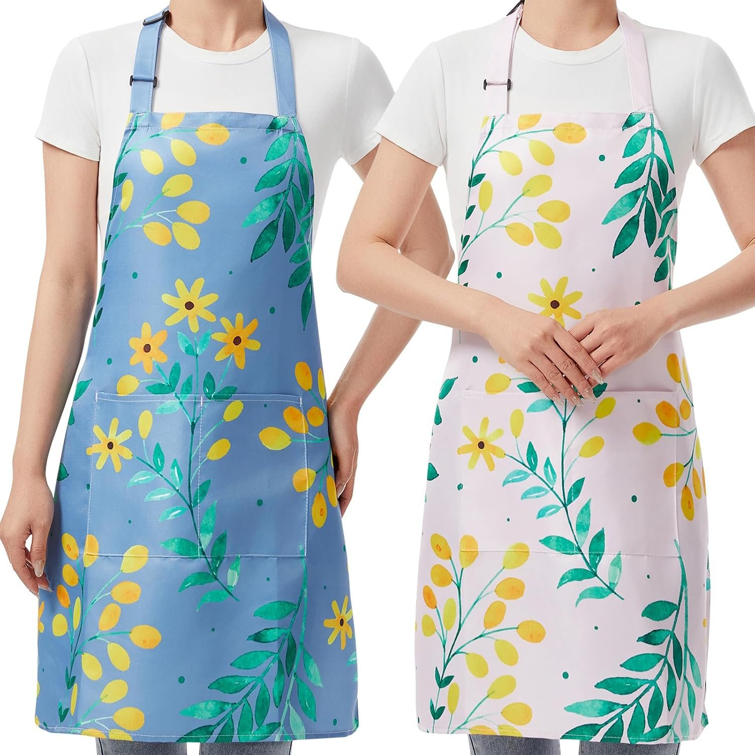 2 Pack Floral Aprons with Pocket, Blooming Womens Aprons Waterproof Adjustable Cooking Aprons for Kitchen Gardening and Salon