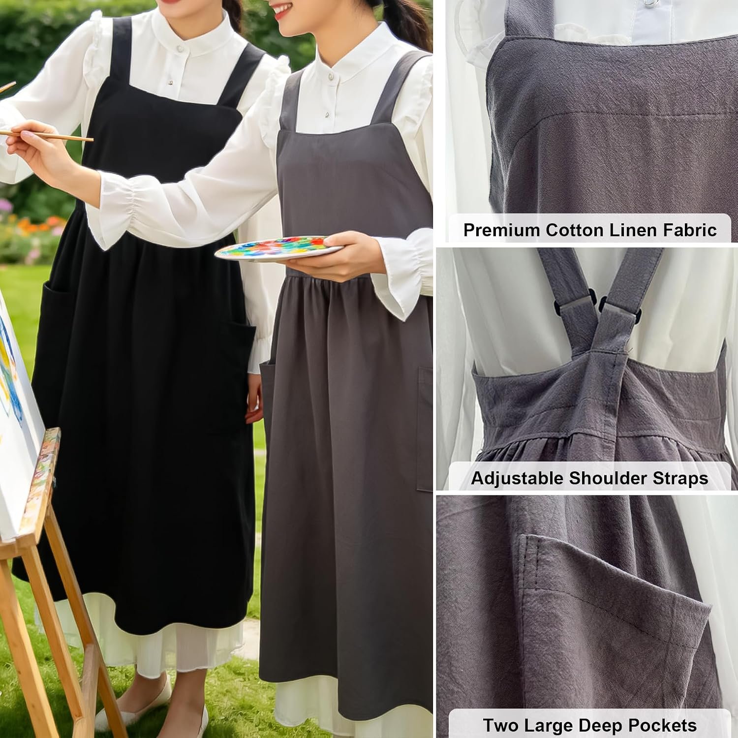 Cotton Linen Apron Cross Back Apron for Women with Pockets Pinafore Dress - Image 2