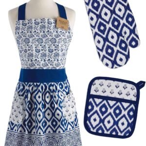 DII Kitchen Gift Set Collection, Apron, Pot Holder & Oven Mitt, Blue Market, 3 Piece