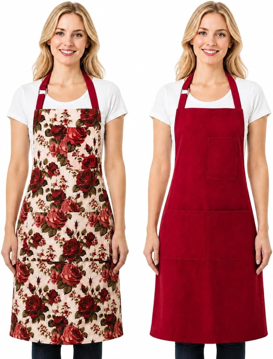 Double Sided Floral Aprons for Women with 3 Pocket