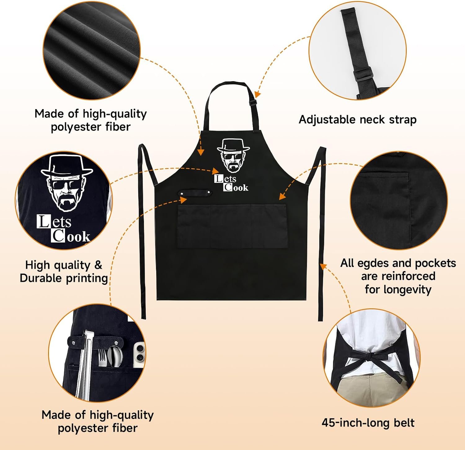 Funny Aprons for Men - Let’s Cook - Grilling Cooking Apron with 3 Pockets - Image 2