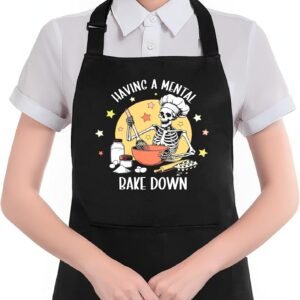 Funny Gothic Skeleton Baking Apron with Pockets, Funny Baking Gifts, Having a Mental Bake Down Waterproof Adjustable Cooking Apron for Kitchen Dishwashing Grilling