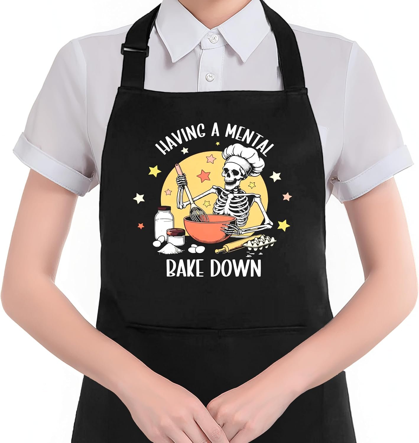 Funny Gothic Skeleton Baking Apron with Pockets, Funny Baking Gifts, Having a Mental Bake Down Waterproof Adjustable Cooking Apron for Kitchen Dishwashing Grilling