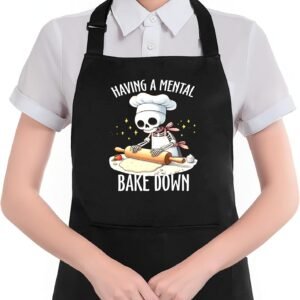 Funny Skeleton Baker Baking Apron with Pockets, Baking Lovers Bread Baker Gifts, Having a Mental Bake Down Waterproof Adjustable Cooking Apron for Kitchen Dishwashing Grilling