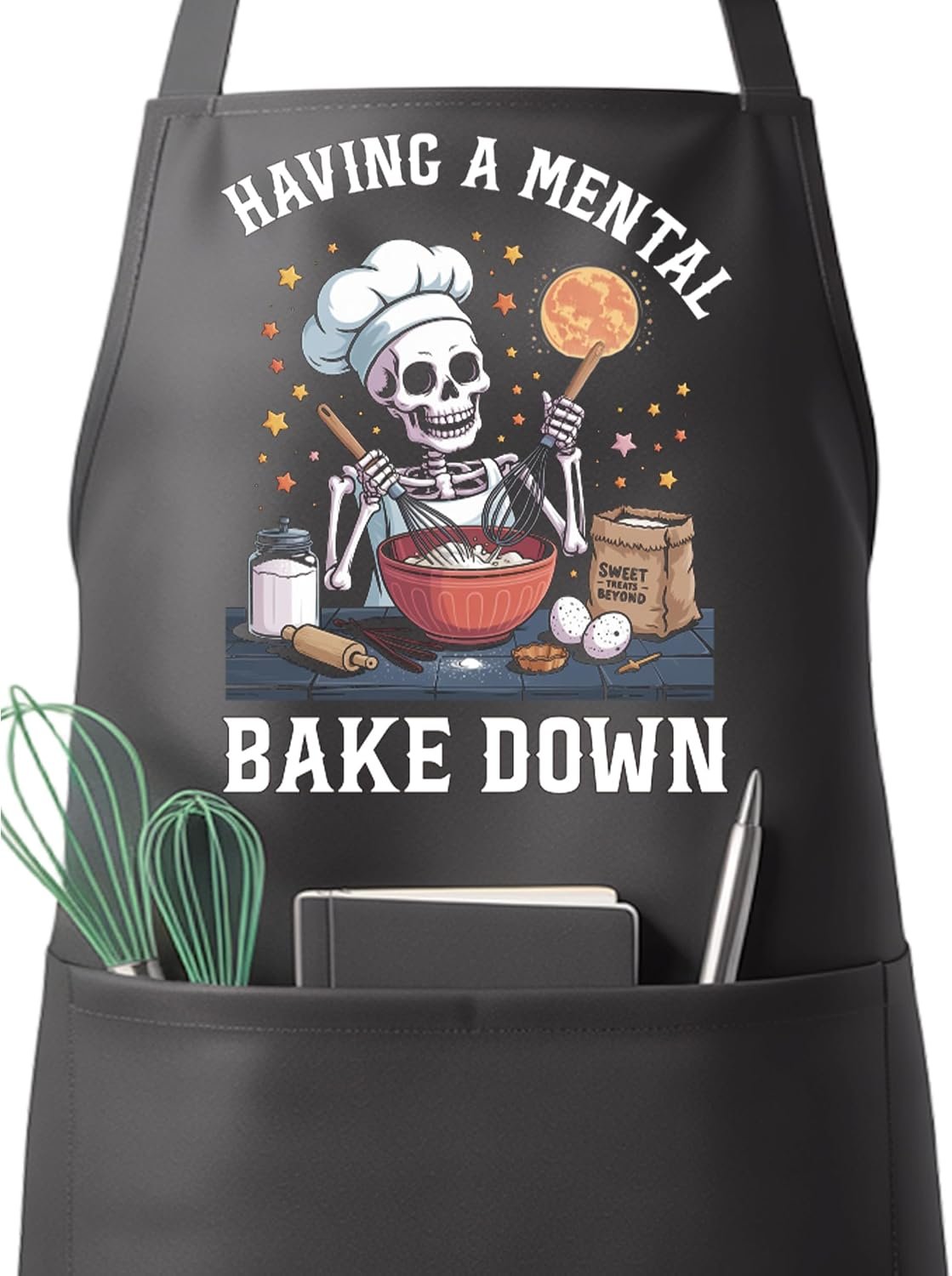 Gothic Skull Apron for Women Men, Cooking Kitchen BBQ Chef Aprons Gifts for Gothic Lover Birthday Christmas, Adjustable Neck Strap with 2 Pockets
