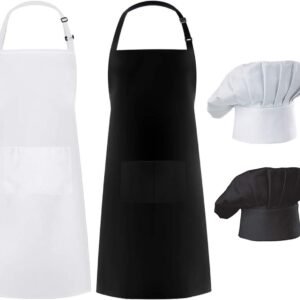 Hyzrz 2 Pack Chef Apron Hat Set, Adjustable Bib Cooking Aprons Water Drop Resistant Baker Kitchen Cooking for Women Men Father's Gift (Multicolor)