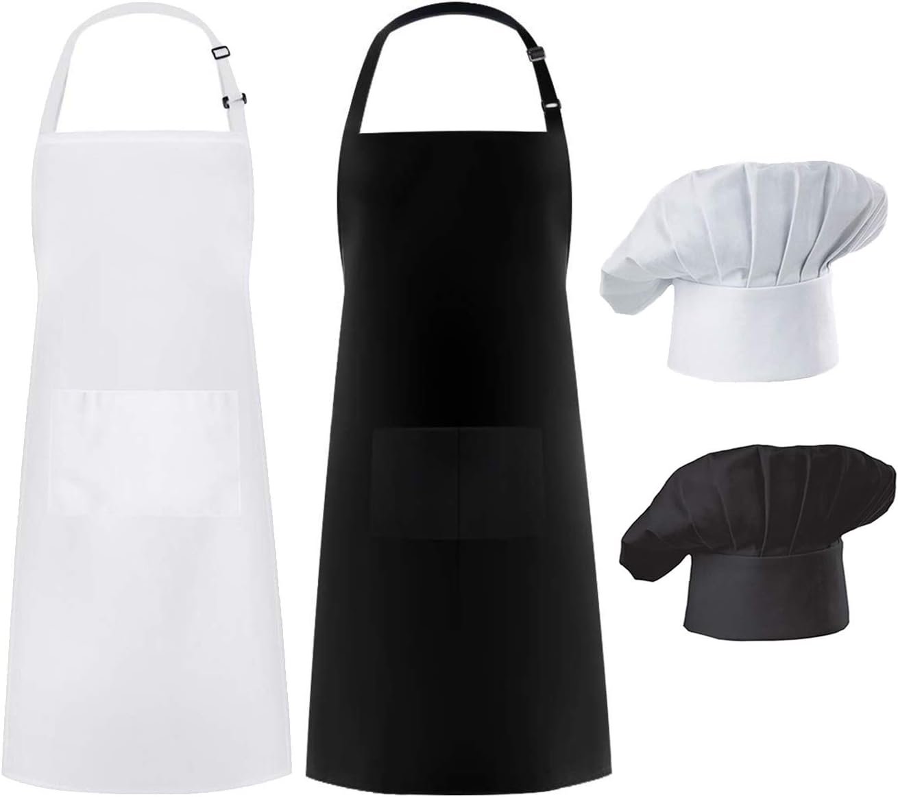 Hyzrz 2 Pack Chef Apron Hat Set, Adjustable Bib Cooking Aprons Water Drop Resistant Baker Kitchen Cooking for Women Men Father's Gift (Multicolor)