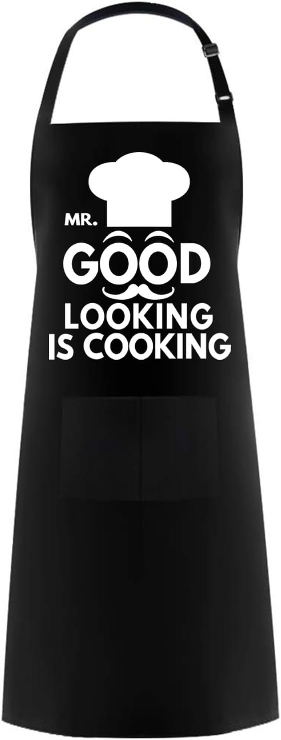 Hyzrz Funny Aprons for Men, Women -Mr. Good Looking is Cooking- Gifts for Fathers Day, Mothers Day, Birthday - Cooking Grilling BBQ Chef Apron (Black)