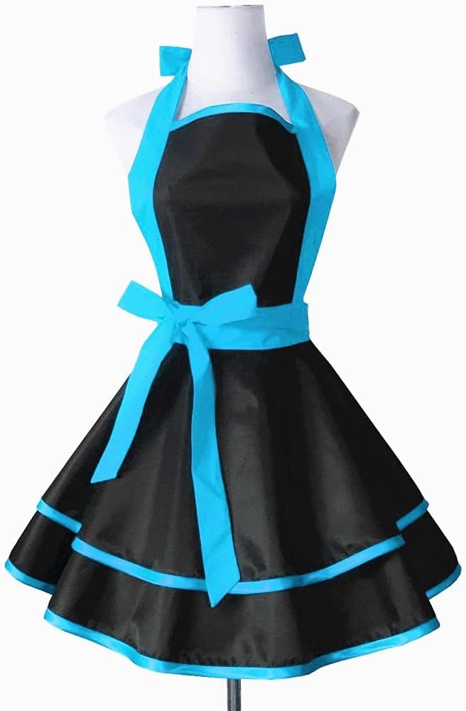 Hyzrz Lovely Handmade Cotton Retro Black Aprons for Women Girls Cake Kitchen Cook Apron for Mother's Gift (Blue) - Image 2