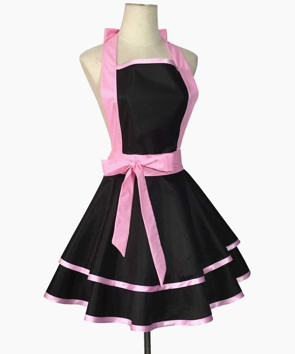 Hyzrz Lovely Handmade Cotton Retro Black Aprons for Women Girls Cake Kitchen Cook Apron for Mother's Gift (Pink) - Image 2