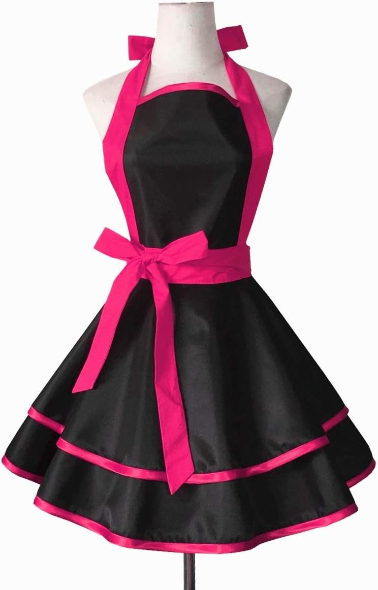 Hyzrz Lovely Handmade Cotton Retro Black Aprons for Women Girls Cake Kitchen Cook Apron for Mother's Gift (Red Rose) - Image 2