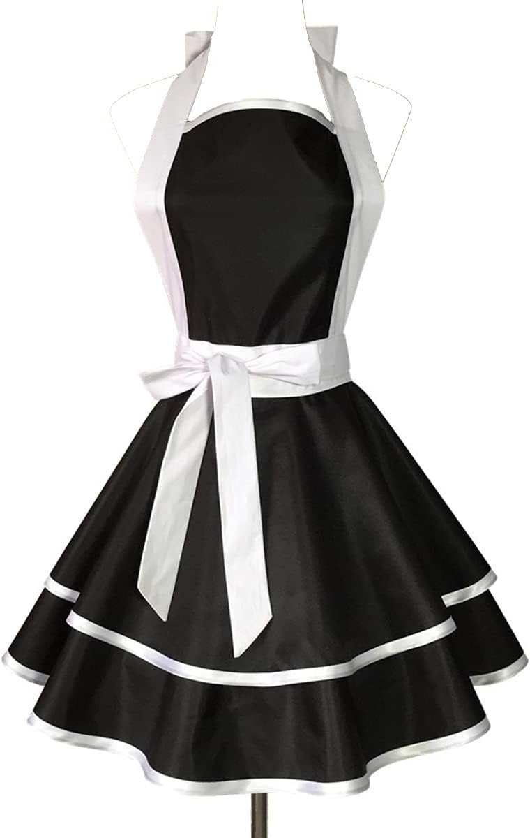 Hyzrz Lovely Handmade Cotton Retro Black Aprons for Women Girls Cake Kitchen Cook Apron for Mother's Gift (White)