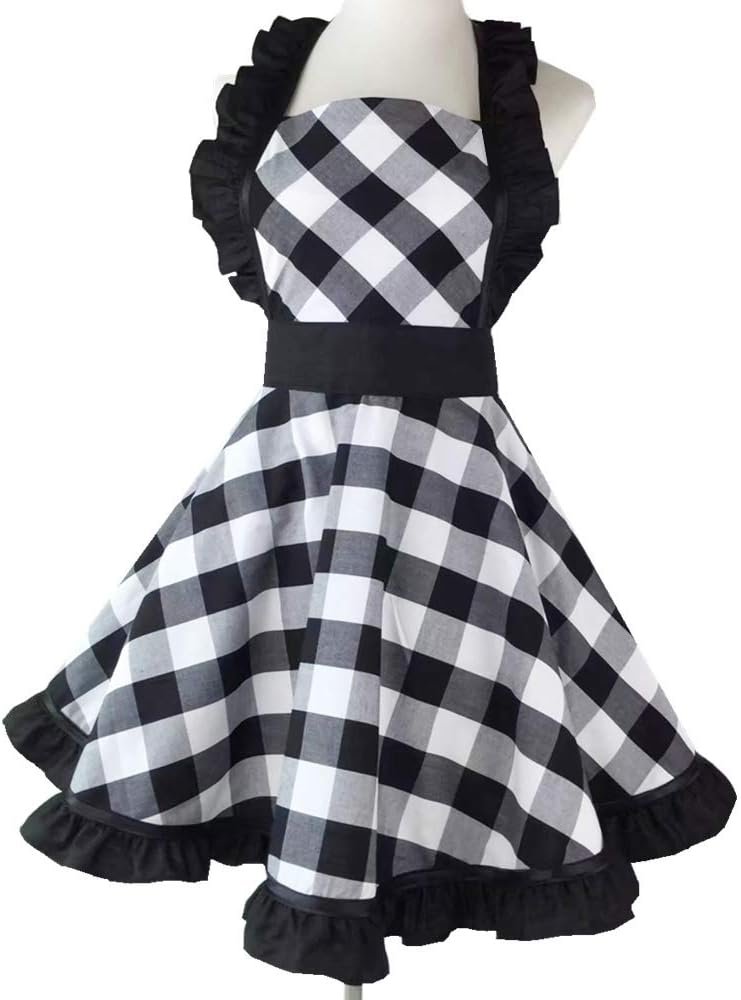 Hyzrz Lovely Retro Aprons for Women with Pocket Cotton Cooking Mother's Day Apron Dress Gift (Black Grid) - Image 2