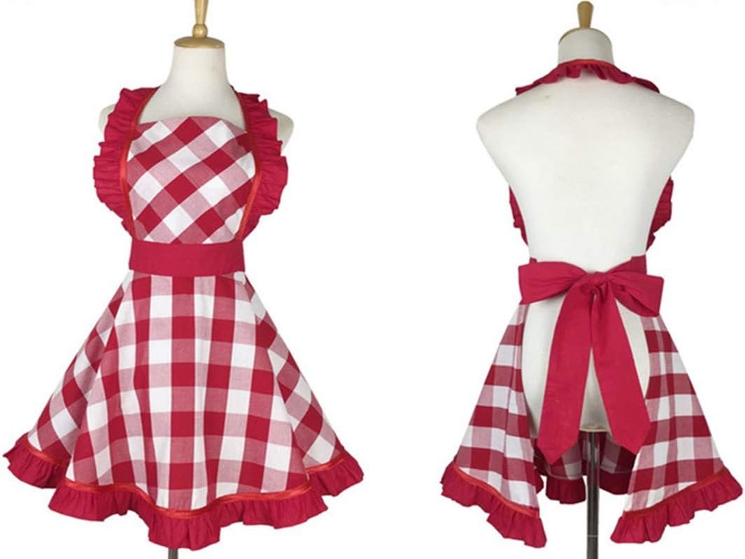 Hyzrz Lovely Retro Aprons for Women with Pocket Cotton Cooking Mother's Day Apron Dress Gift (Red Grid) - Image 2