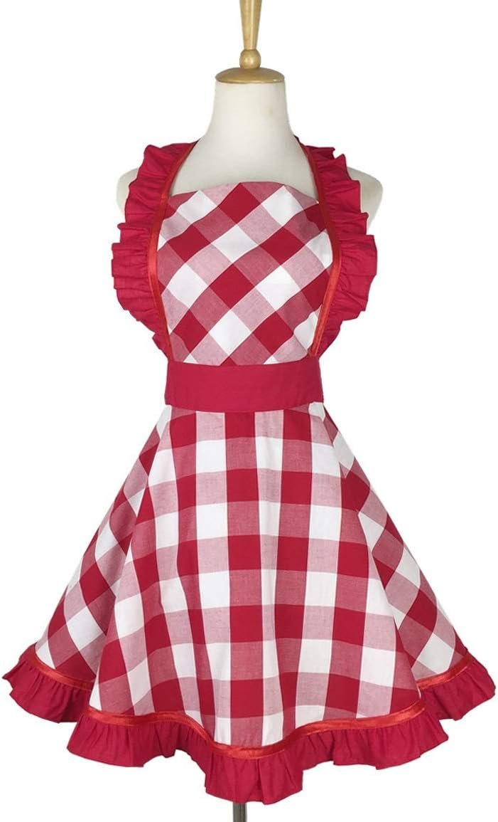 Hyzrz Lovely Retro Aprons for Women with Pocket Cotton Cooking Mother's Day Apron Dress Gift (Red Grid)