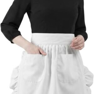 Hyzrz Waist Ruffle Adjustable Kitchen Cooking Restaurant Apron – Adult Women Cotton Retro Half Apron with Pockets – Loose Fit (White)