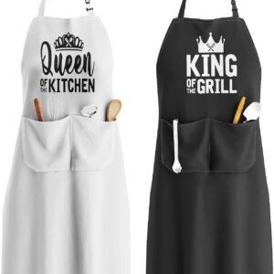 King & Queen Apron Set - Matching Couples Kitchen Aprons with Deep Pockets & Reinforced Stitching - Waterproof Professional Cooking Gear for Wedding, Engagement, Bridal Shower, Valentines, Christmas