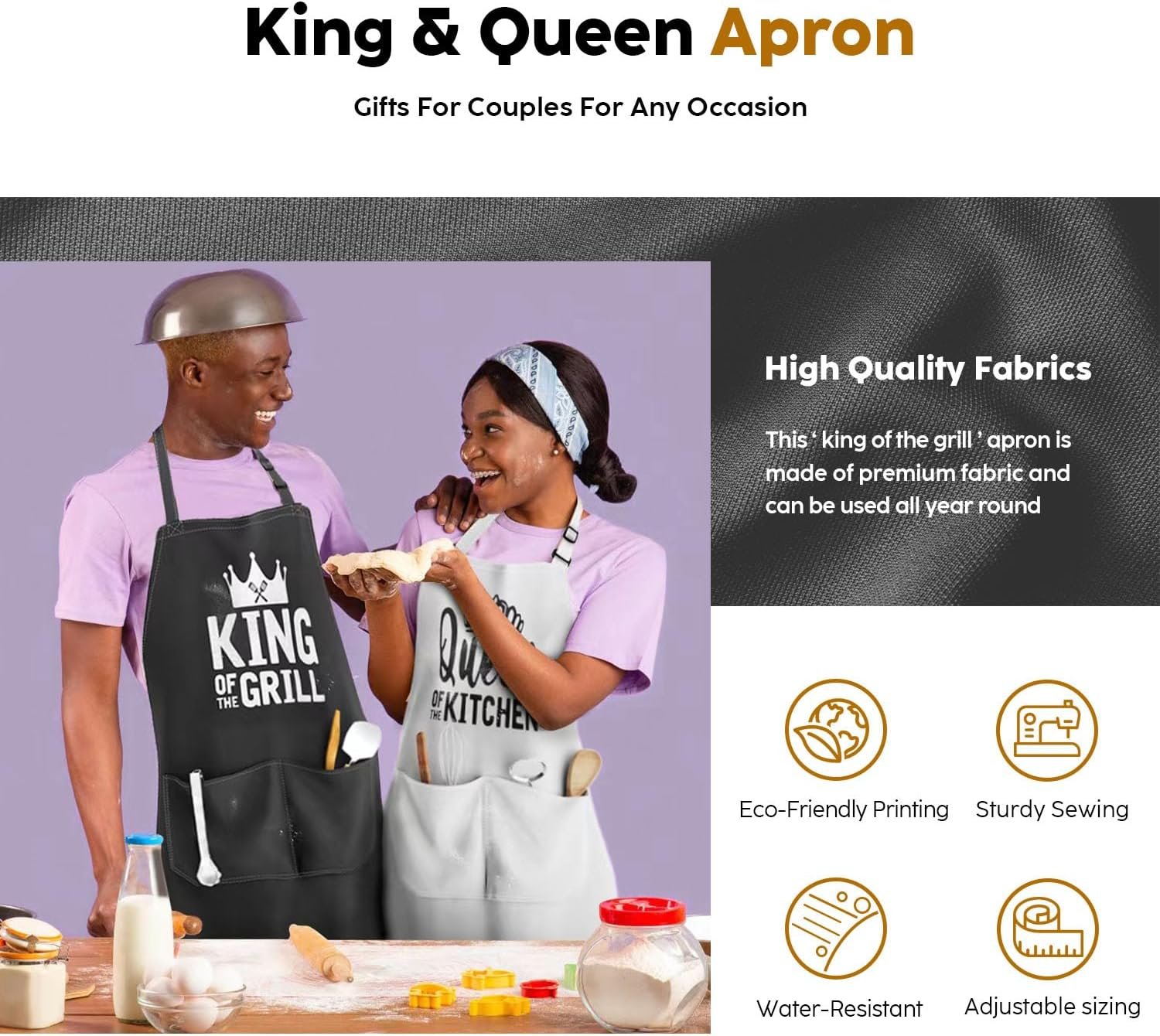 King & Queen Apron Set - Matching Couples Kitchen Aprons with Deep Pockets & Reinforced Stitching - Waterproof Professional Cooking Gear for Wedding, Engagement, Bridal Shower, Valentines, Christmas - Image 2