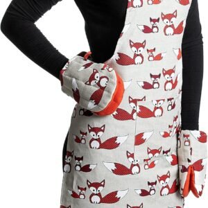 Linen Kitchen Apron with 2 Short Oven Mitts/Gloves - Cooking Aprons with Front Pocket for Women & Men with Cute Fox Design Handmade in Europe-Lithuania. Stylish 3-piece Set Good for Baking, Grilling