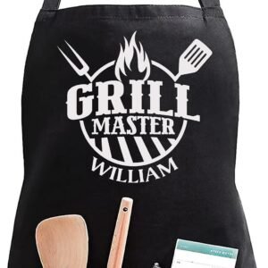 Mens BBQ and Grilling Apron, Custom Fathers Day Grill Master Apron, Personalized Black Chef Kitchen Apron for Dad or Grandpa, Grill Lover Gifts,Christmas or Fathers Day Gift, Delantales de cocina