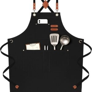NLUS Chef Aprons for Men Women with 4 Pockets, Water Repellent Cotton Canvas Cross Back Apron
