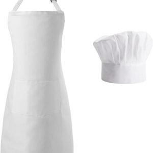 Tosewever Chef Apron Hat Set for Women and Men, Adjustable Bib Apron with 2 Pockets Costume Apron for Father Kitchen Cooking