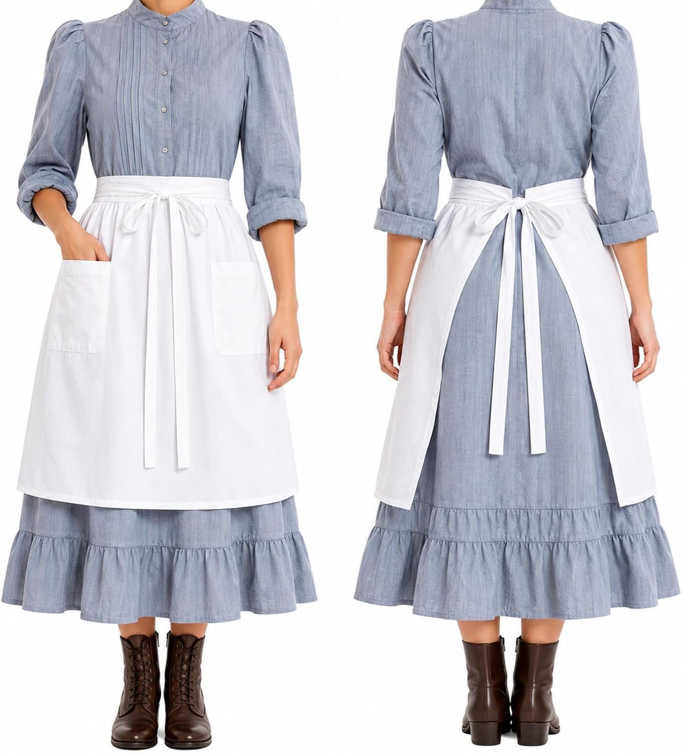 White Maid Half Apron for Women with Pocket, Vintage Ruffled Apron